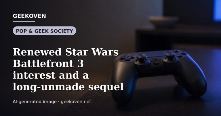 Illustration for the Pop & Geek Society article “Renewed Star Wars Battlefront 3 interest and a long-unmade sequel”: an AI-generated editorial illustration showing a studio workspace seen from above, with a production timeline across the wall, with the headline set over it. Illustrative only, not a photograph of a real event.