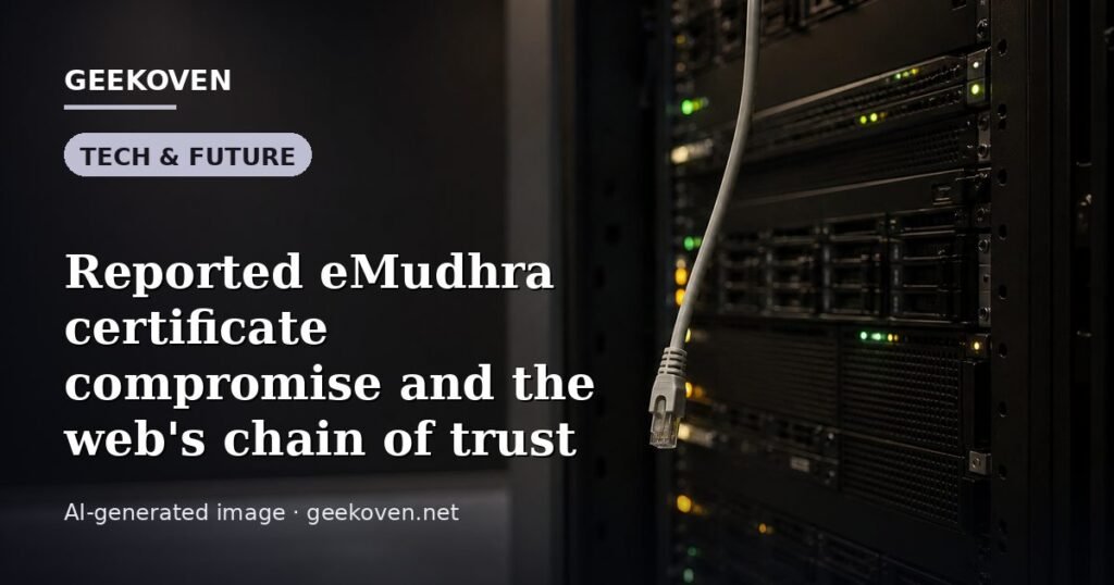 Illustration for the Tech & Future article “Reported eMudhra certificate compromise and the web's chain of trust”: an AI-generated editorial illustration showing a scene illustrating the subject of the article, with the headline set over it. Illustrative only, not a photograph of a real event.
