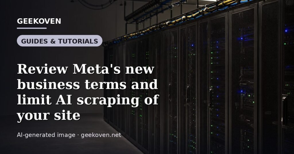 Illustration for the Guides & Tutorials article “Review Meta's new business terms and limit AI scraping of your site”: an AI-generated editorial illustration showing a scene illustrating the subject of the article, with the headline set over it. Illustrative only, not a photograph of a real event.