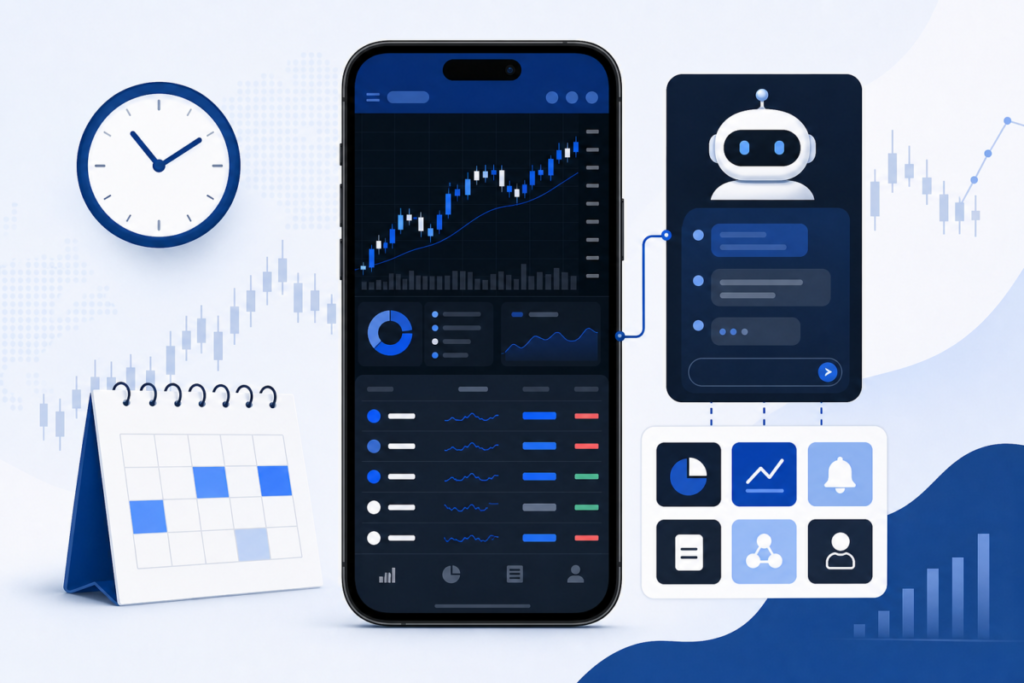 Illustration of a smartphone trading app interface with an AI assistant panel, market charts, and 24/7 trading icons