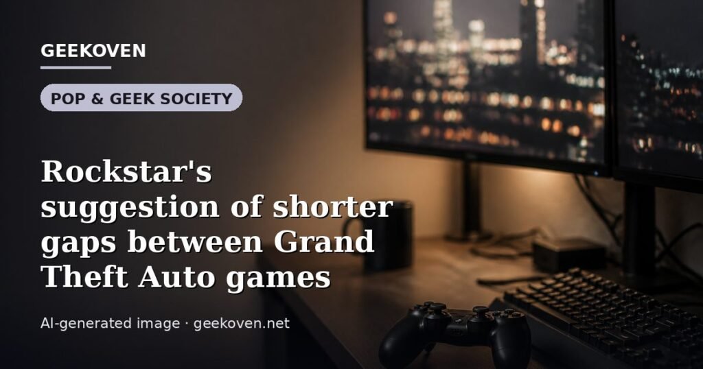 Illustration for the Pop & Geek Society article “Rockstar's suggestion of shorter gaps between Grand Theft Auto games”: an AI-generated editorial illustration showing a studio workspace seen from above, with a production timeline across the wall, with the headline set over it. Illustrative only, not a photograph of a real event.