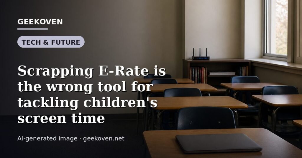 Illustration for the Tech & Future article “Scrapping E-Rate is the wrong tool for tackling children's screen time”: an AI-generated editorial illustration showing a scene illustrating the subject of the article, with the headline set over it. Illustrative only, not a photograph of a real event.