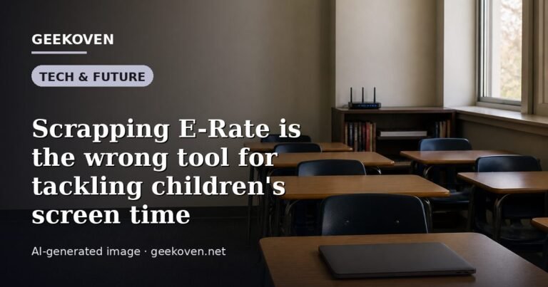 Illustration for the Tech & Future article “Scrapping E-Rate is the wrong tool for tackling children's screen time”: an AI-generated editorial illustration showing a scene illustrating the subject of the article, with the headline set over it. Illustrative only, not a photograph of a real event.