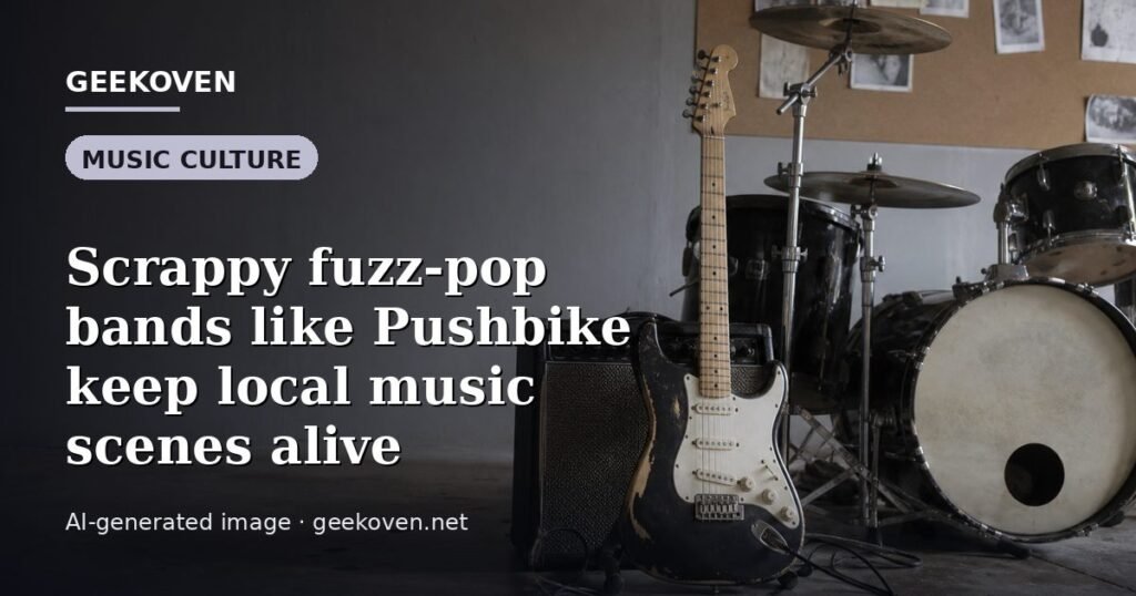 Illustration for the Music Culture article “Scrappy fuzz-pop bands like Pushbike keep local music scenes alive”: an AI-generated editorial illustration showing a scene illustrating the subject of the article, with the headline set over it. Illustrative only, not a photograph of a real event.