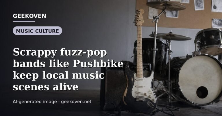 Illustration for the Music Culture article “Scrappy fuzz-pop bands like Pushbike keep local music scenes alive”: an AI-generated editorial illustration showing a scene illustrating the subject of the article, with the headline set over it. Illustrative only, not a photograph of a real event.