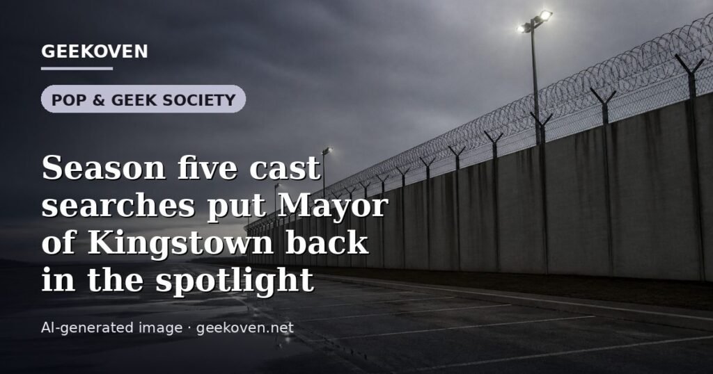 Illustration for the Pop & Geek Society article “Season five cast searches put Mayor of Kingstown back in the spotlight”: an AI-generated editorial illustration showing a stadium crowd seen from high above, lights arranged in coordinated patterns, with the headline set over it. Illustrative only, not a photograph of a real event.