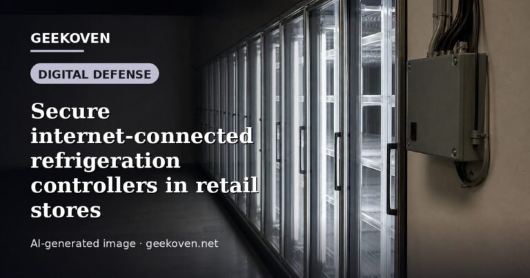 Illustration for the Digital Defense article “Secure internet-connected refrigeration controllers in retail stores”: an AI-generated editorial illustration showing a scene illustrating the subject of the article, with the headline set over it. Illustrative only, not a photograph of a real event.