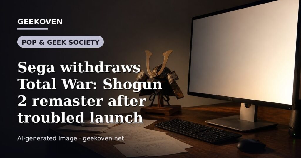 Illustration for the Pop & Geek Society article “Sega withdraws Total War: Shogun 2 remaster after troubled launch”: an AI-generated editorial illustration showing a studio workspace seen from above, with a production timeline across the wall, with the headline set over it. Illustrative only, not a photograph of a real event.