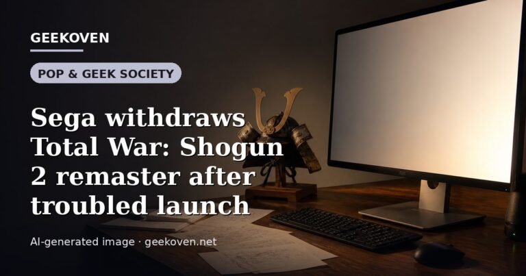 Illustration for the Pop & Geek Society article “Sega withdraws Total War: Shogun 2 remaster after troubled launch”: an AI-generated editorial illustration showing a studio workspace seen from above, with a production timeline across the wall, with the headline set over it. Illustrative only, not a photograph of a real event.