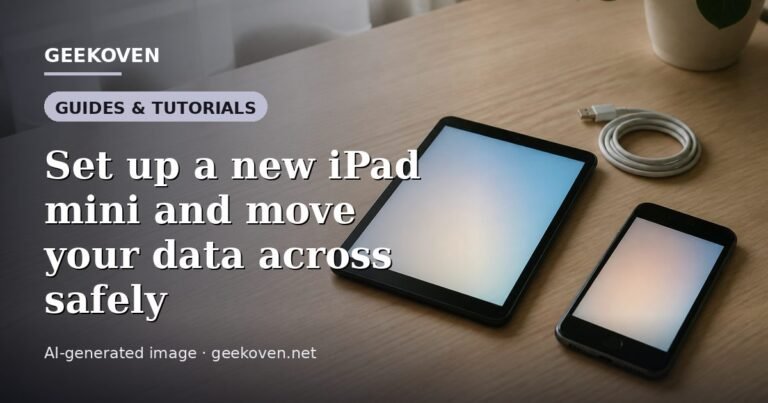 Illustration for the Guides & Tutorials article “Set up a new iPad mini and move your data across safely”: an AI-generated editorial illustration showing a scene illustrating the subject of the article, with the headline set over it. Illustrative only, not a photograph of a real event.