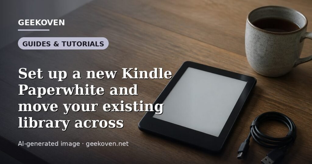 Illustration for the Guides & Tutorials article “Set up a new Kindle Paperwhite and move your existing library across”: an AI-generated editorial illustration showing a scene illustrating the subject of the article, with the headline set over it. Illustrative only, not a photograph of a real event.