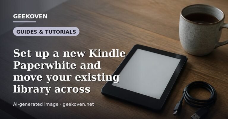 Illustration for the Guides & Tutorials article “Set up a new Kindle Paperwhite and move your existing library across”: an AI-generated editorial illustration showing a scene illustrating the subject of the article, with the headline set over it. Illustrative only, not a photograph of a real event.