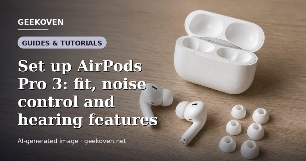Illustration for the Guides & Tutorials article “Set up AirPods Pro 3: fit, noise control and hearing features”: an AI-generated editorial illustration showing a scene illustrating the subject of the article, with the headline set over it. Illustrative only, not a photograph of a real event.