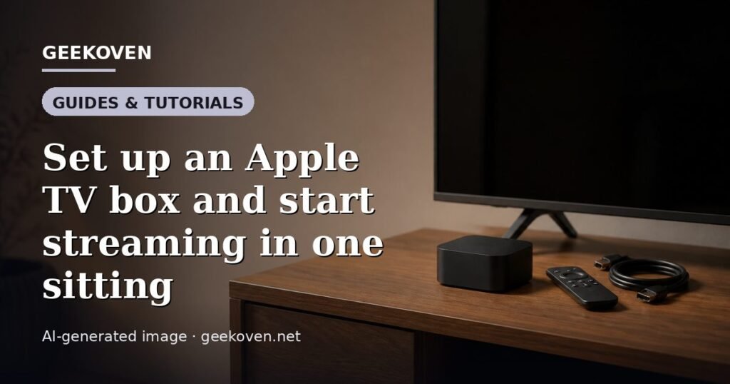 Illustration for the Guides & Tutorials article “Set up an Apple TV box and start streaming in one sitting”: an AI-generated editorial illustration showing a stadium crowd seen from high above, lights arranged in coordinated patterns, with the headline set over it. Illustrative only, not a photograph of a real event.