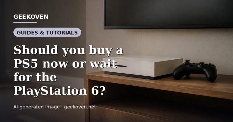 Illustration for the Guides & Tutorials article “Should you buy a PS5 now or wait for the PlayStation 6?”: an AI-generated editorial illustration showing a scene illustrating the subject of the article, with the headline set over it. Illustrative only, not a photograph of a real event.