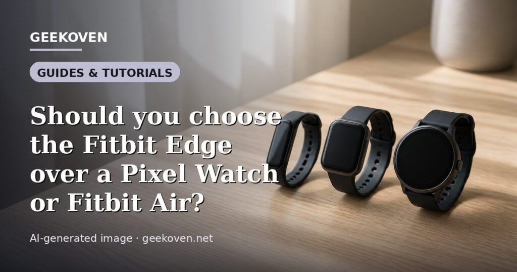 Illustration for the Guides & Tutorials article “Should you choose the Fitbit Edge over a Pixel Watch or Fitbit Air?”: an AI-generated editorial illustration showing an electronics workbench with an unbranded phone chassis opened up and its parts laid out, with the headline set over it. Illustrative only, not a photograph of a real event.
