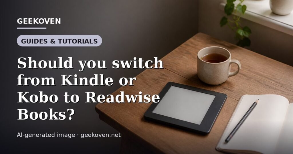 Illustration for the Guides & Tutorials article “Should you switch from Kindle or Kobo to Readwise Books?”: an AI-generated editorial illustration showing a scene illustrating the subject of the article, with the headline set over it. Illustrative only, not a photograph of a real event.