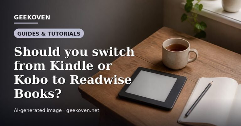 Illustration for the Guides & Tutorials article “Should you switch from Kindle or Kobo to Readwise Books?”: an AI-generated editorial illustration showing a scene illustrating the subject of the article, with the headline set over it. Illustrative only, not a photograph of a real event.