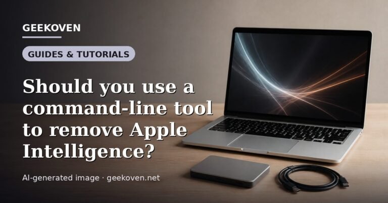 Illustration for the Guides & Tutorials article “Should you use a command-line tool to remove Apple Intelligence?”: an AI-generated editorial illustration showing a scene illustrating the subject of the article, with the headline set over it. Illustrative only, not a photograph of a real event.