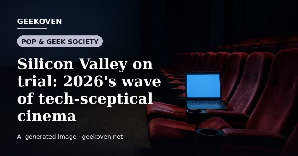 Illustration for the Pop & Geek Society article “Silicon Valley on trial: 2026's wave of tech-sceptical cinema”: an AI-generated editorial illustration showing a scene illustrating the subject of the article, with the headline set over it. Illustrative only, not a photograph of a real event.
