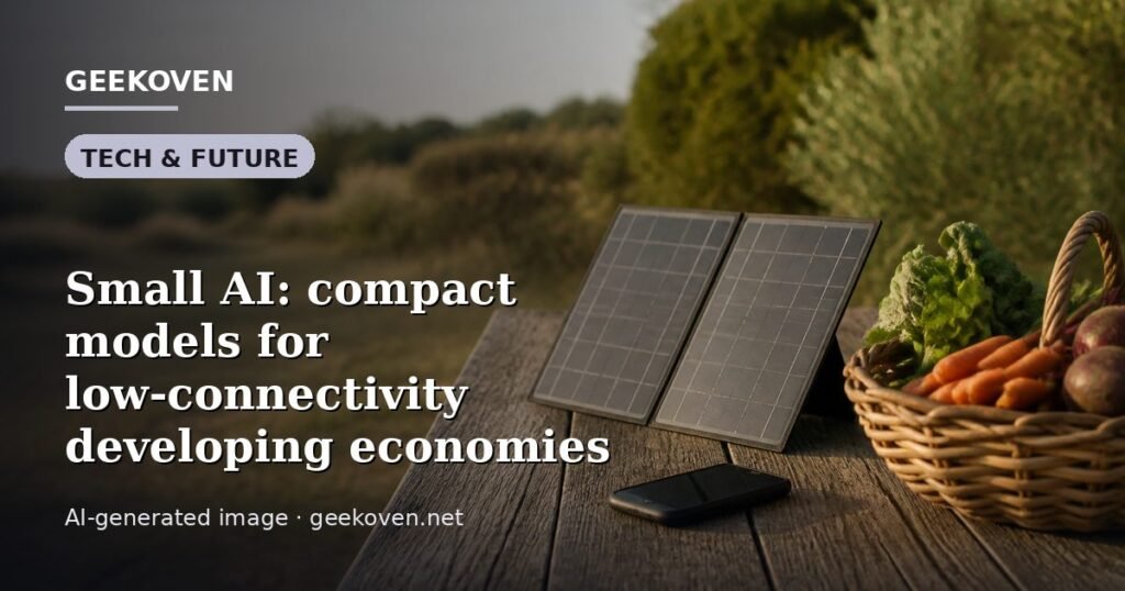 Illustration for the Tech & Future article “Small AI: compact models for low-connectivity developing economies”: an AI-generated editorial illustration showing a scene illustrating the subject of the article, with the headline set over it. Illustrative only, not a photograph of a real event.