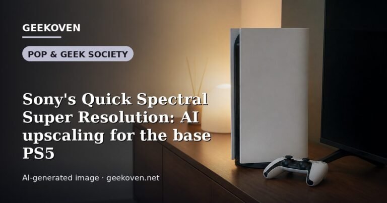 Illustration for the Pop & Geek Society article “Sony's Quick Spectral Super Resolution: AI upscaling for the base PS5”: an AI-generated editorial illustration showing a scene illustrating the subject of the article, with the headline set over it. Illustrative only, not a photograph of a real event.