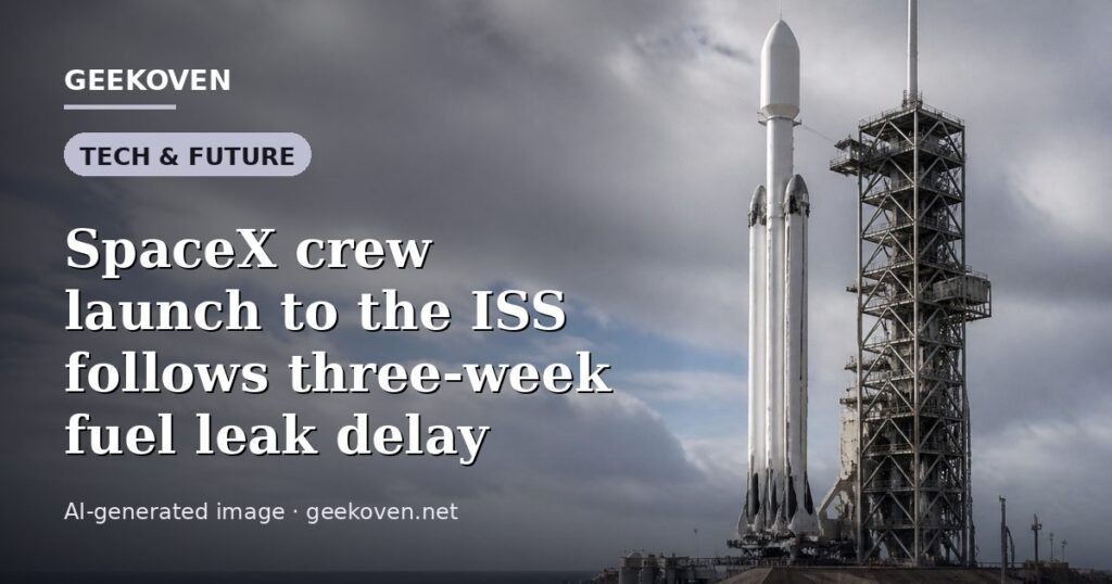 Illustration for the Tech & Future article “SpaceX crew launch to the ISS follows three-week fuel leak delay”: an AI-generated editorial illustration showing a scene illustrating the subject of the article, with the headline set over it. Illustrative only, not a photograph of a real event.