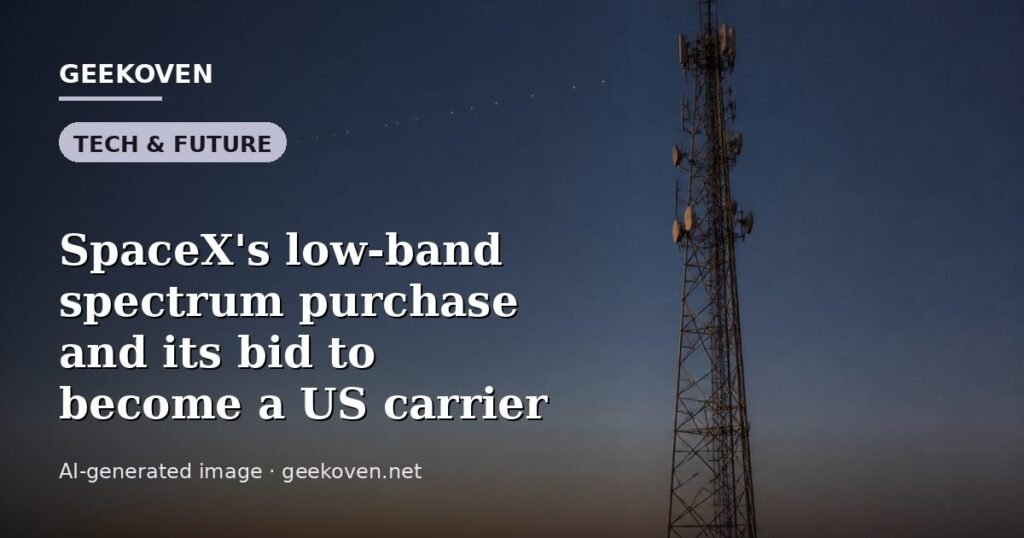 Illustration for the Tech & Future article “SpaceX's low-band spectrum purchase and its bid to become a US carrier”: an AI-generated editorial illustration showing a scene illustrating the subject of the article, with the headline set over it. Illustrative only, not a photograph of a real event.