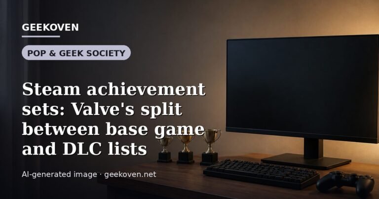 Illustration for the Pop & Geek Society article “Steam achievement sets: Valve's split between base game and DLC lists”: an AI-generated editorial illustration showing a scene illustrating the subject of the article, with the headline set over it. Illustrative only, not a photograph of a real event.
