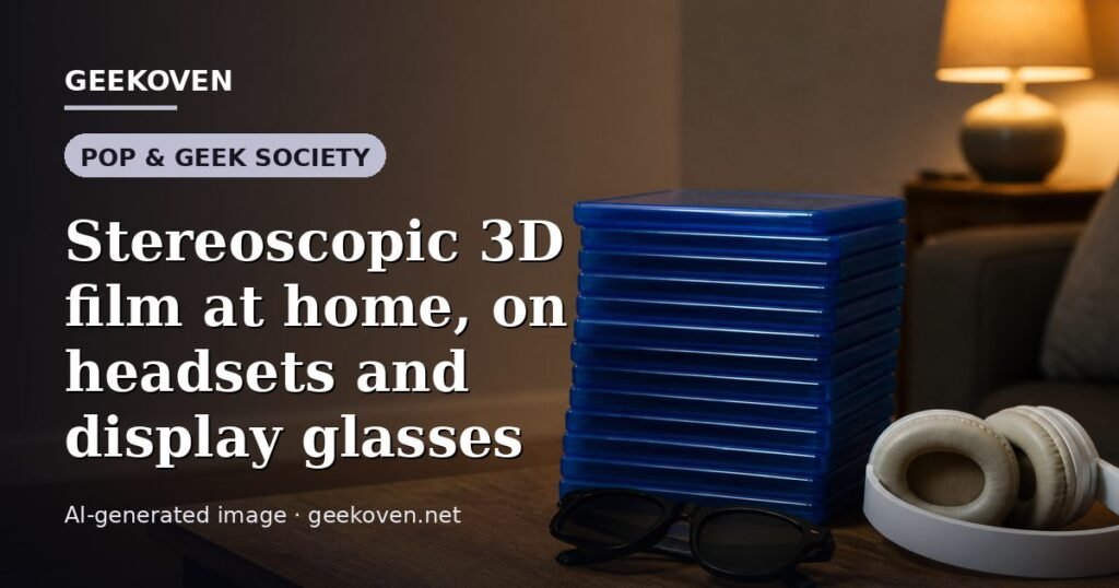 Illustration for the Pop & Geek Society article “Stereoscopic 3D film at home, on headsets and display glasses”: an AI-generated editorial illustration showing a scene illustrating the subject of the article, with the headline set over it. Illustrative only, not a photograph of a real event.
