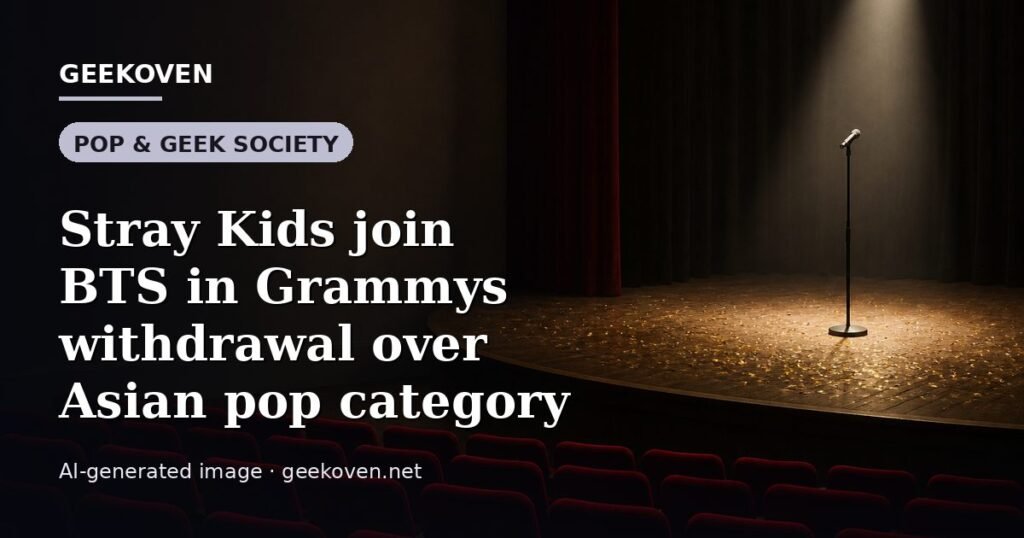 Illustration for the Pop & Geek Society article “Stray Kids join BTS in Grammys withdrawal over Asian pop category”: an AI-generated editorial illustration showing a stadium crowd seen from high above, lights arranged in coordinated patterns, with the headline set over it. Illustrative only, not a photograph of a real event.