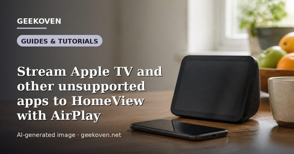 Illustration for the Guides & Tutorials article “Stream Apple TV and other unsupported apps to HomeView with AirPlay”: an AI-generated editorial illustration showing a stadium crowd seen from high above, lights arranged in coordinated patterns, with the headline set over it. Illustrative only, not a photograph of a real event.