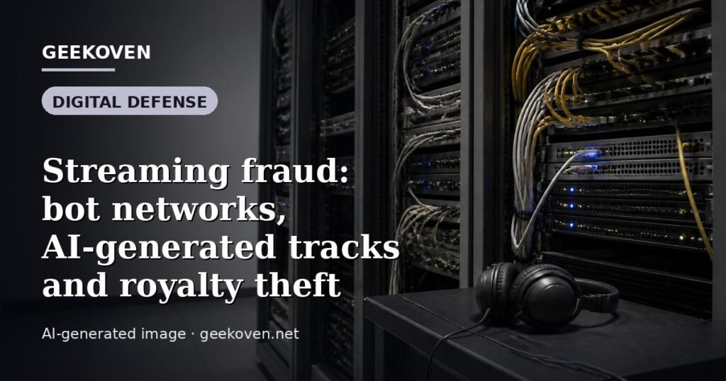 Illustration for the Digital Defense article “Streaming fraud: bot networks, AI-generated tracks and royalty theft”: an AI-generated editorial illustration showing a stadium crowd seen from high above, lights arranged in coordinated patterns, with the headline set over it. Illustrative only, not a photograph of a real event.