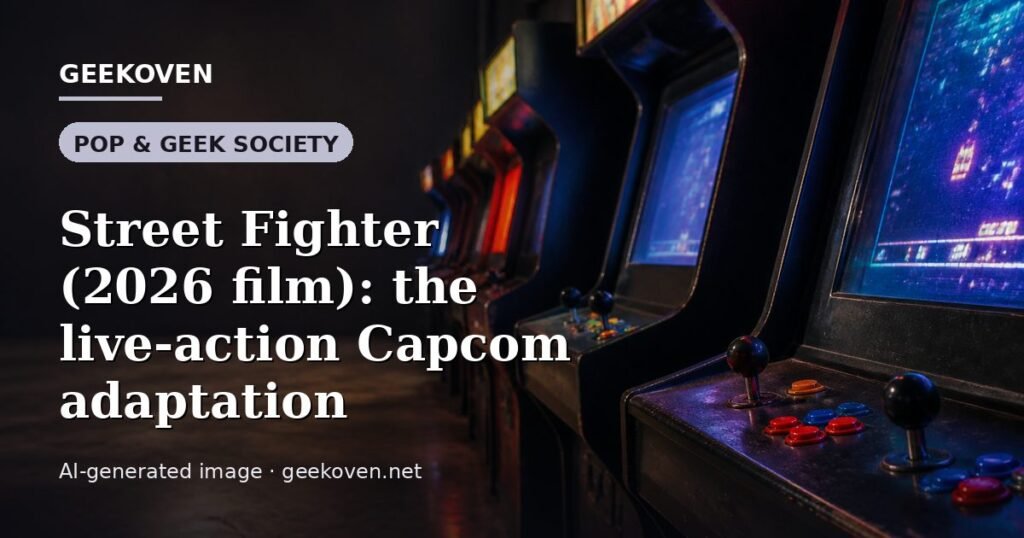 Illustration for the Pop & Geek Society article “Street Fighter (2026 film): the live-action Capcom adaptation”: an AI-generated editorial illustration showing a scene illustrating the subject of the article, with the headline set over it. Illustrative only, not a photograph of a real event.