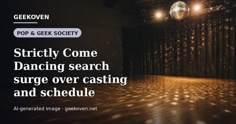 Illustration for the Pop & Geek Society article “Strictly Come Dancing search surge over casting and schedule”: an AI-generated editorial illustration showing a scene illustrating the subject of the article, with the headline set over it. Illustrative only, not a photograph of a real event.