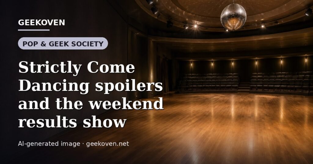 Illustration for the Pop & Geek Society article “Strictly Come Dancing spoilers and the weekend results show”: an AI-generated editorial illustration showing a stadium crowd seen from high above, lights arranged in coordinated patterns, with the headline set over it. Illustrative only, not a photograph of a real event.