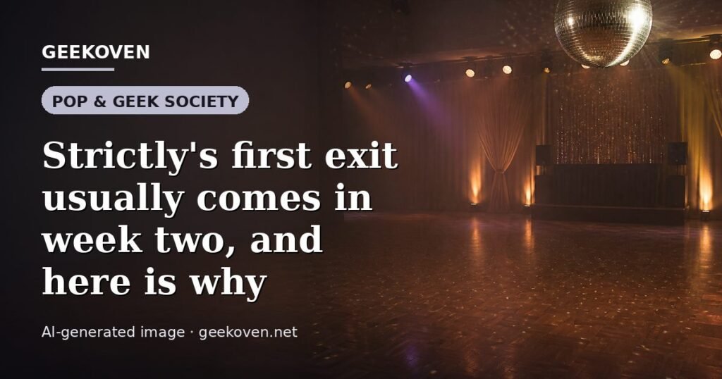 Illustration for the Pop & Geek Society article “Strictly's first exit usually comes in week two, and here is why”: an AI-generated editorial illustration showing a scene illustrating the subject of the article, with the headline set over it. Illustrative only, not a photograph of a real event.