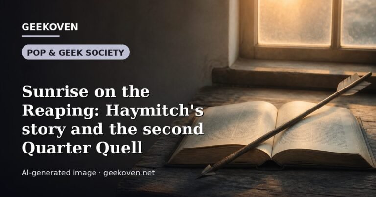 Illustration for the Pop & Geek Society article “Sunrise on the Reaping: Haymitch's story and the second Quarter Quell”: an AI-generated editorial illustration showing a stadium crowd seen from high above, lights arranged in coordinated patterns, with the headline set over it. Illustrative only, not a photograph of a real event.
