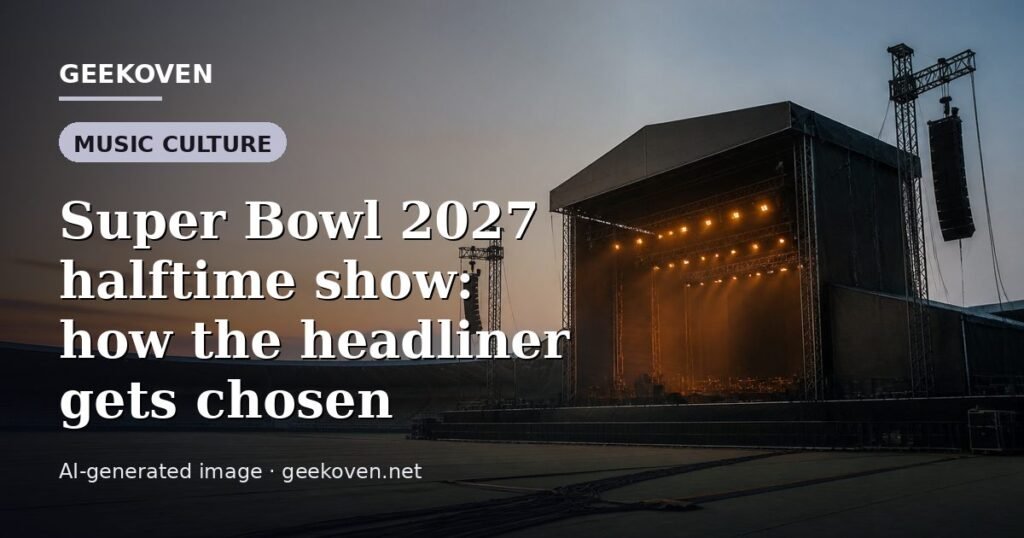 Illustration for the Music Culture article “Super Bowl 2027 halftime show: how the headliner gets chosen”: an AI-generated editorial illustration showing a stadium crowd seen from high above, lights arranged in coordinated patterns, with the headline set over it. Illustrative only, not a photograph of a real event.
