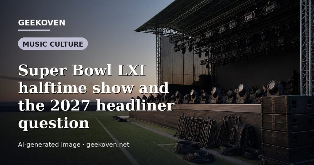 Illustration for the Music Culture article “Super Bowl LXI halftime show and the 2027 headliner question”: an AI-generated editorial illustration showing a stadium crowd seen from high above, lights arranged in coordinated patterns, with the headline set over it. Illustrative only, not a photograph of a real event.