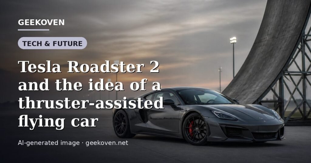 Illustration for the Tech & Future article “Tesla Roadster 2 and the idea of a thruster-assisted flying car”: an AI-generated editorial illustration showing a scene illustrating the subject of the article, with the headline set over it. Illustrative only, not a photograph of a real event.