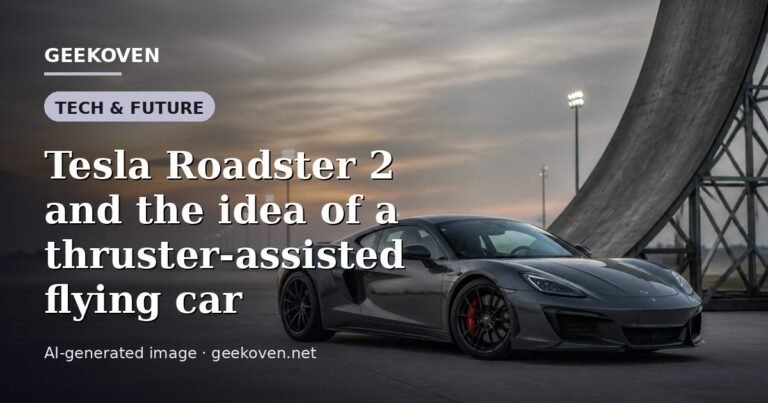 Illustration for the Tech & Future article “Tesla Roadster 2 and the idea of a thruster-assisted flying car”: an AI-generated editorial illustration showing a scene illustrating the subject of the article, with the headline set over it. Illustrative only, not a photograph of a real event.