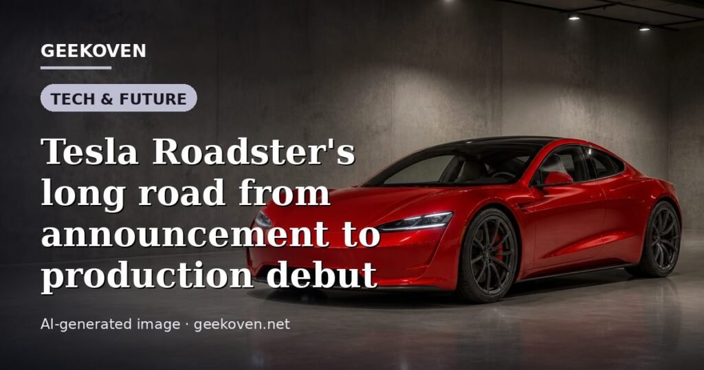 Illustration for the Tech & Future article “Tesla Roadster's long road from announcement to production debut”: an AI-generated editorial illustration showing a scene illustrating the subject of the article, with the headline set over it. Illustrative only, not a photograph of a real event.