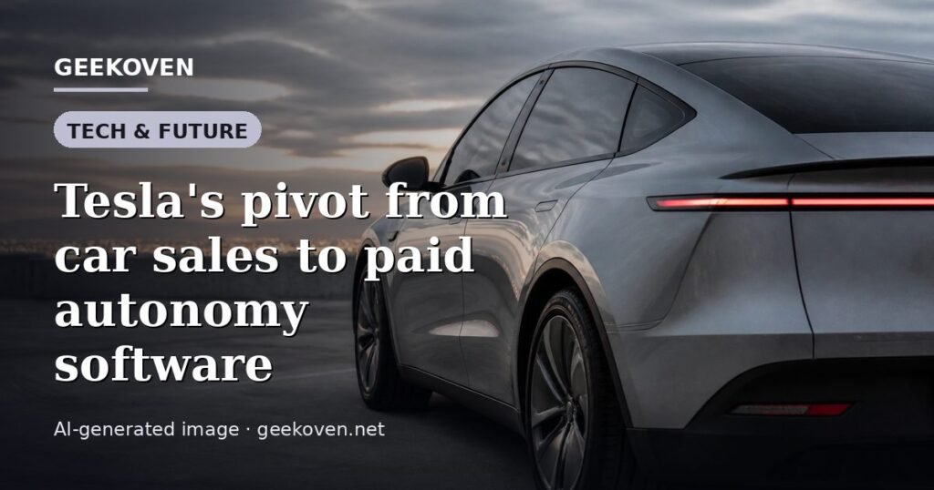 Illustration for the Tech & Future article “Tesla's pivot from car sales to paid autonomy software”: an AI-generated editorial illustration showing a scene illustrating the subject of the article, with the headline set over it. Illustrative only, not a photograph of a real event.