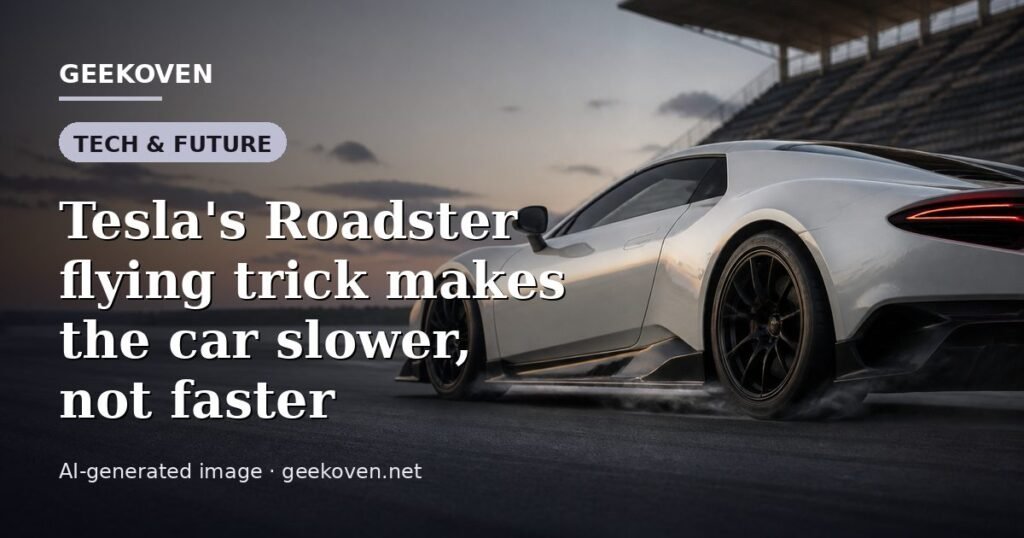 Illustration for the Tech & Future article “Tesla's Roadster flying trick makes the car slower, not faster”: an AI-generated editorial illustration showing a scene illustrating the subject of the article, with the headline set over it. Illustrative only, not a photograph of a real event.