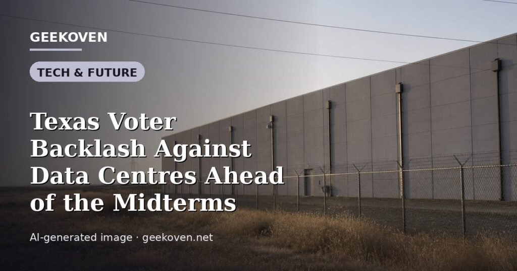 Illustration for the Tech & Future article “Texas Voter Backlash Against Data Centres Ahead of the Midterms”: an AI-generated editorial illustration showing a server hall with long rows of equipment cabinets and power infrastructure, with the headline set over it. Illustrative only, not a photograph of a real event.