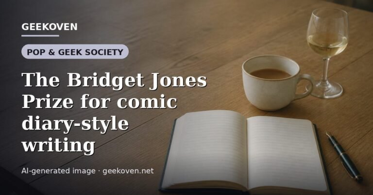 Illustration for the Pop & Geek Society article “The Bridget Jones Prize for comic diary-style writing”: an AI-generated editorial illustration showing a scene illustrating the subject of the article, with the headline set over it. Illustrative only, not a photograph of a real event.
