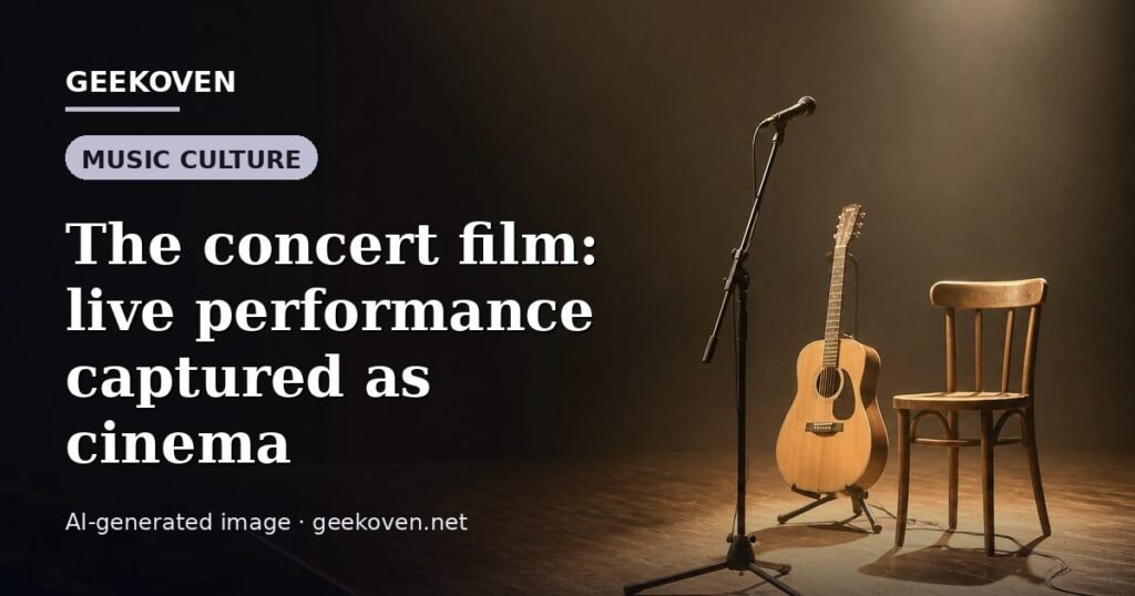 Illustration for the Music Culture article “The concert film: live performance captured as cinema”: an AI-generated editorial illustration showing a scene illustrating the subject of the article, with the headline set over it. Illustrative only, not a photograph of a real event.