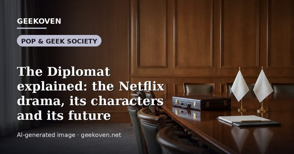 Illustration for the Pop & Geek Society article “The Diplomat explained: the Netflix drama, its characters and its future”: an AI-generated editorial illustration showing a stadium crowd seen from high above, lights arranged in coordinated patterns, with the headline set over it. Illustrative only, not a photograph of a real event.