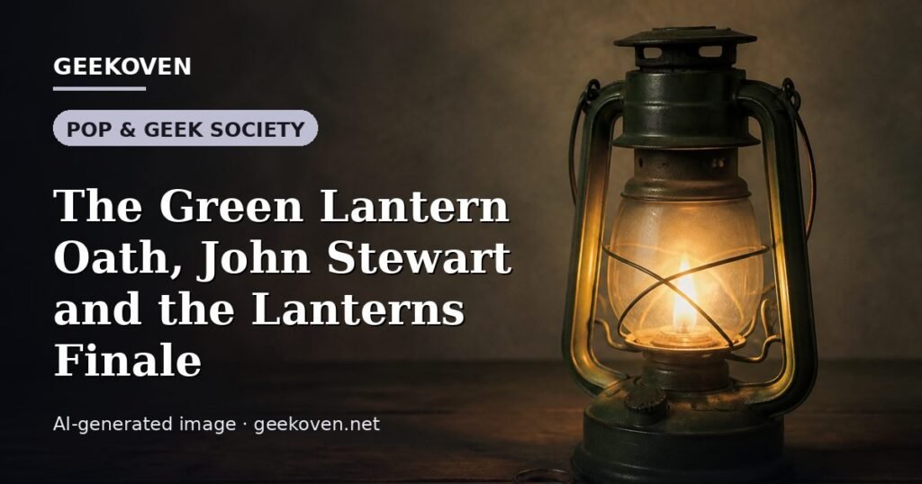Illustration for the Pop & Geek Society article “The Green Lantern Oath, John Stewart and the Lanterns Finale”: an AI-generated editorial illustration showing a stadium crowd seen from high above, lights arranged in coordinated patterns, with the headline set over it. Illustrative only, not a photograph of a real event.